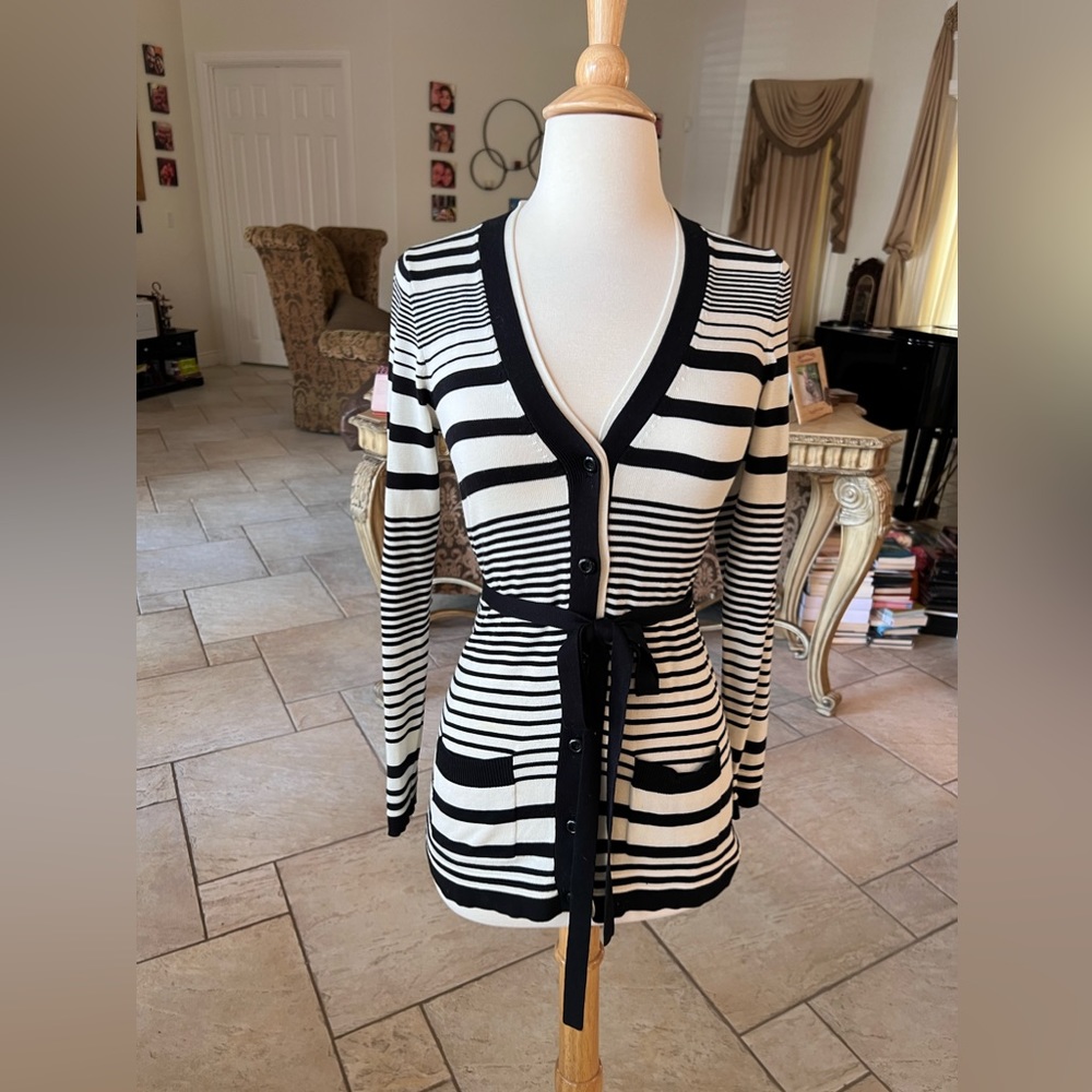 Milly of New York Silk Cardigan Sweater Womens Sz P Stripe Casual Black & White